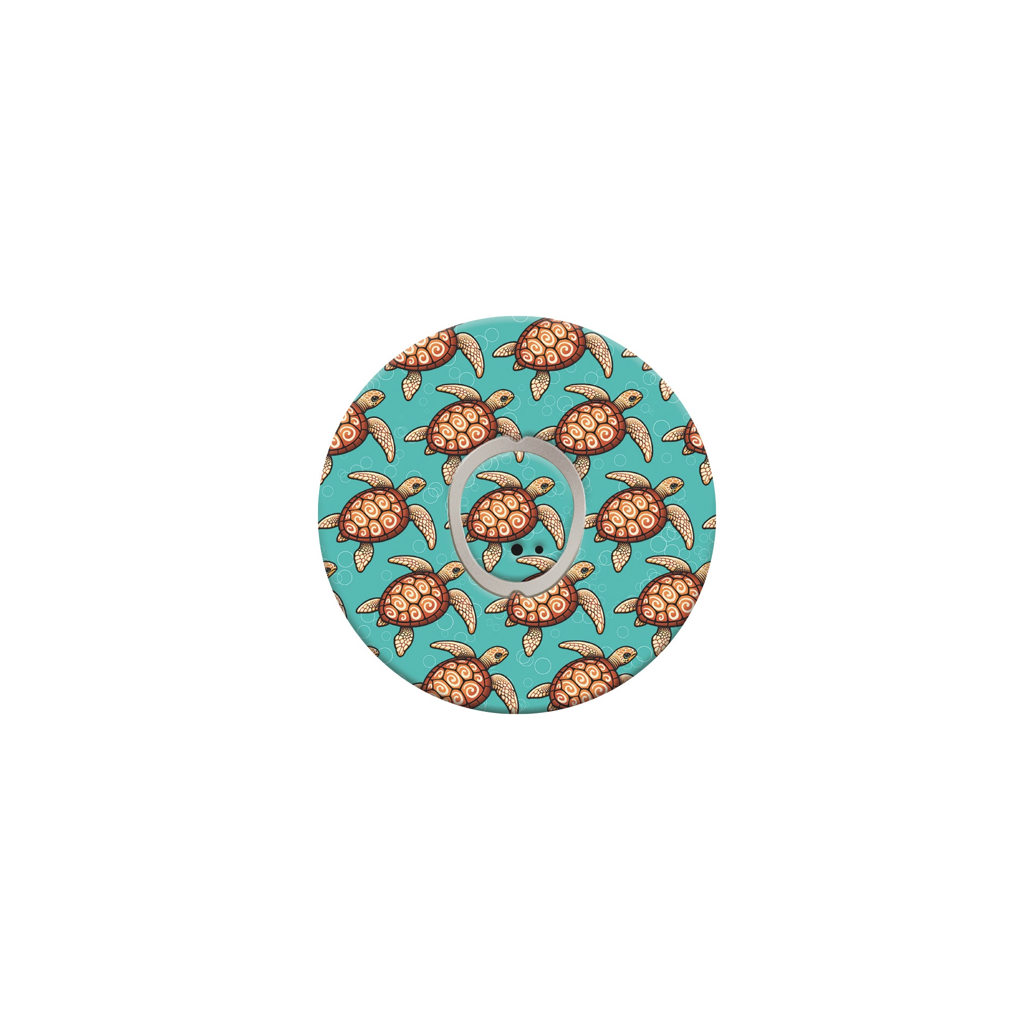 Circular product with turtle pattern on a turquoise background