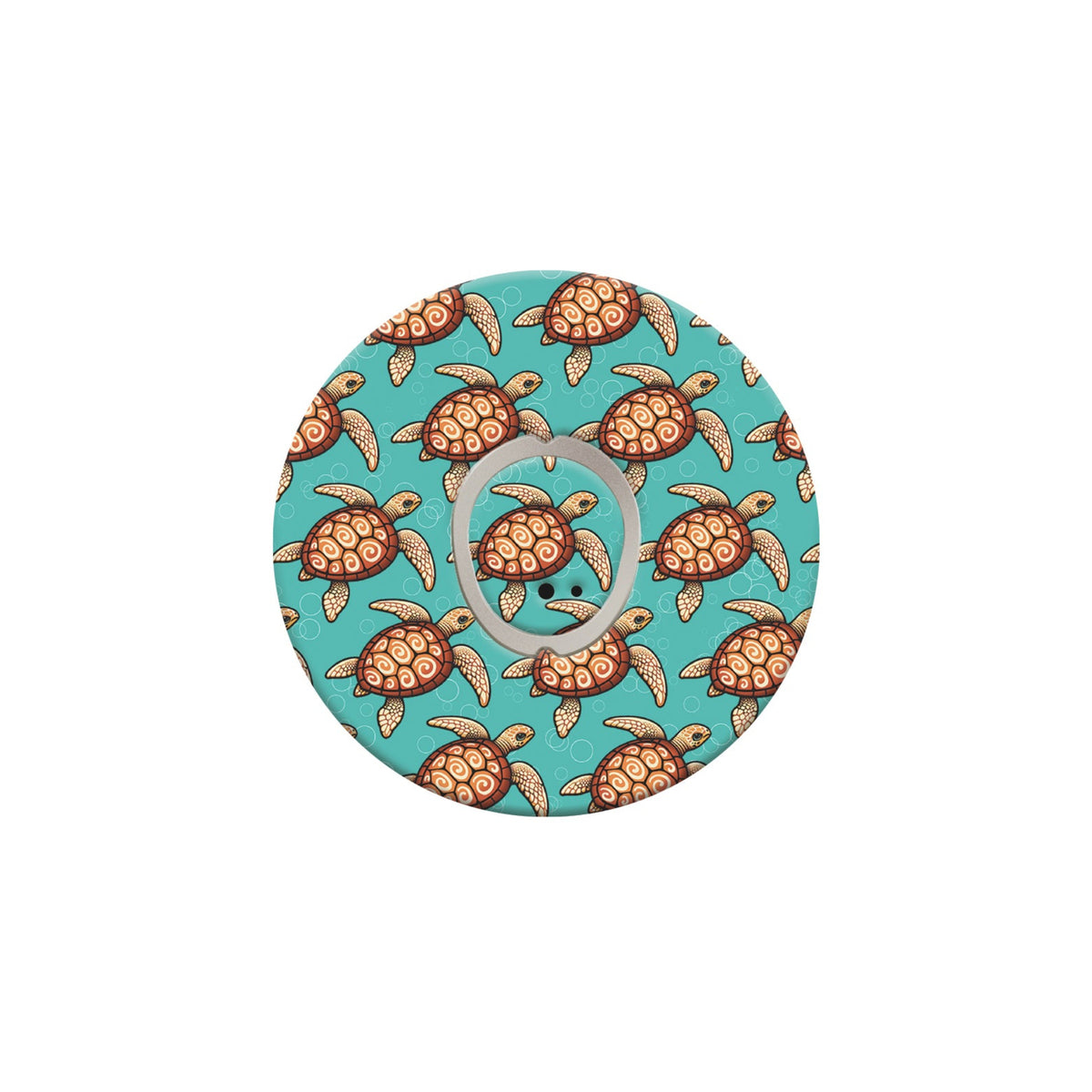 Circular product with turtle pattern on a turquoise background