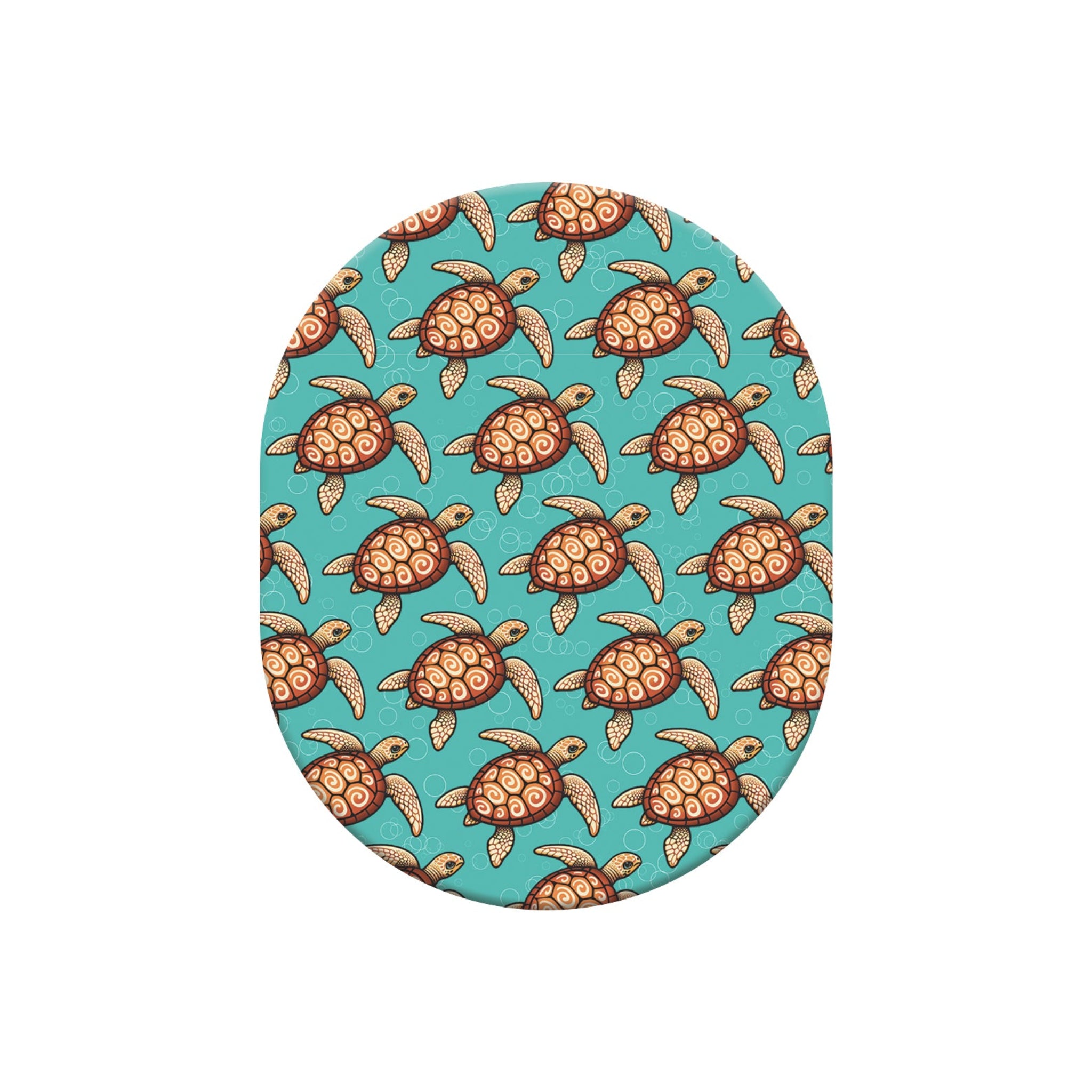 Round blue coaster with turtle pattern on a white background