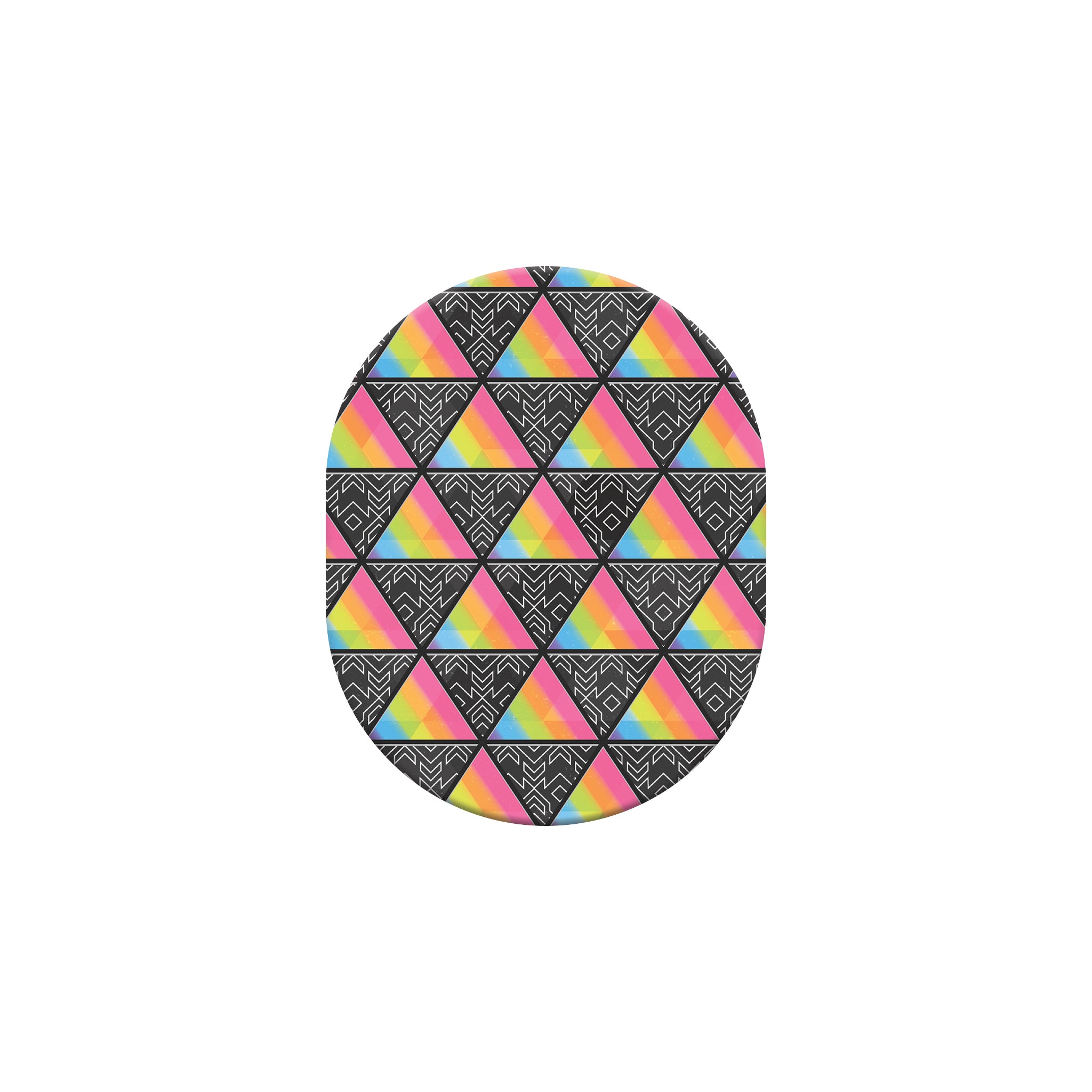 Round object with a colorful triangle pattern on a black background
