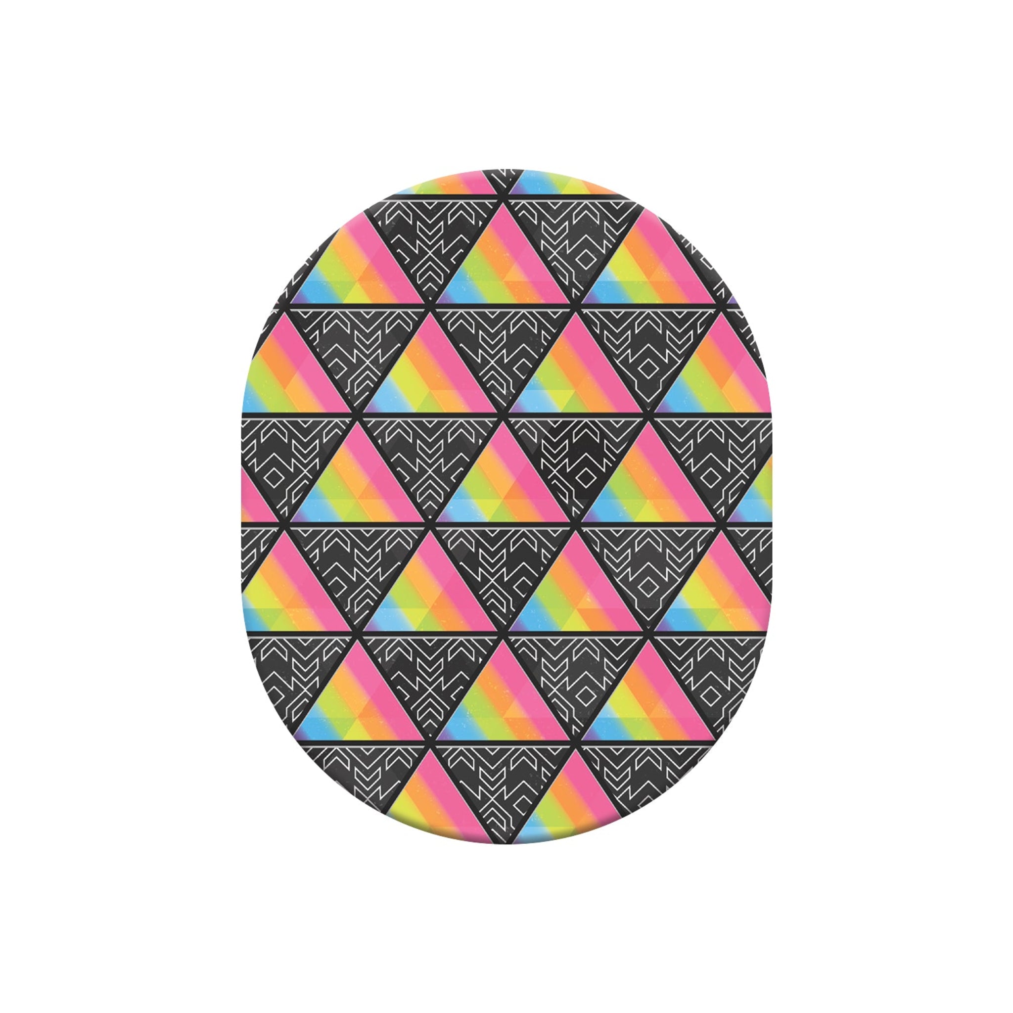 Round object with a colorful triangle pattern on a black background