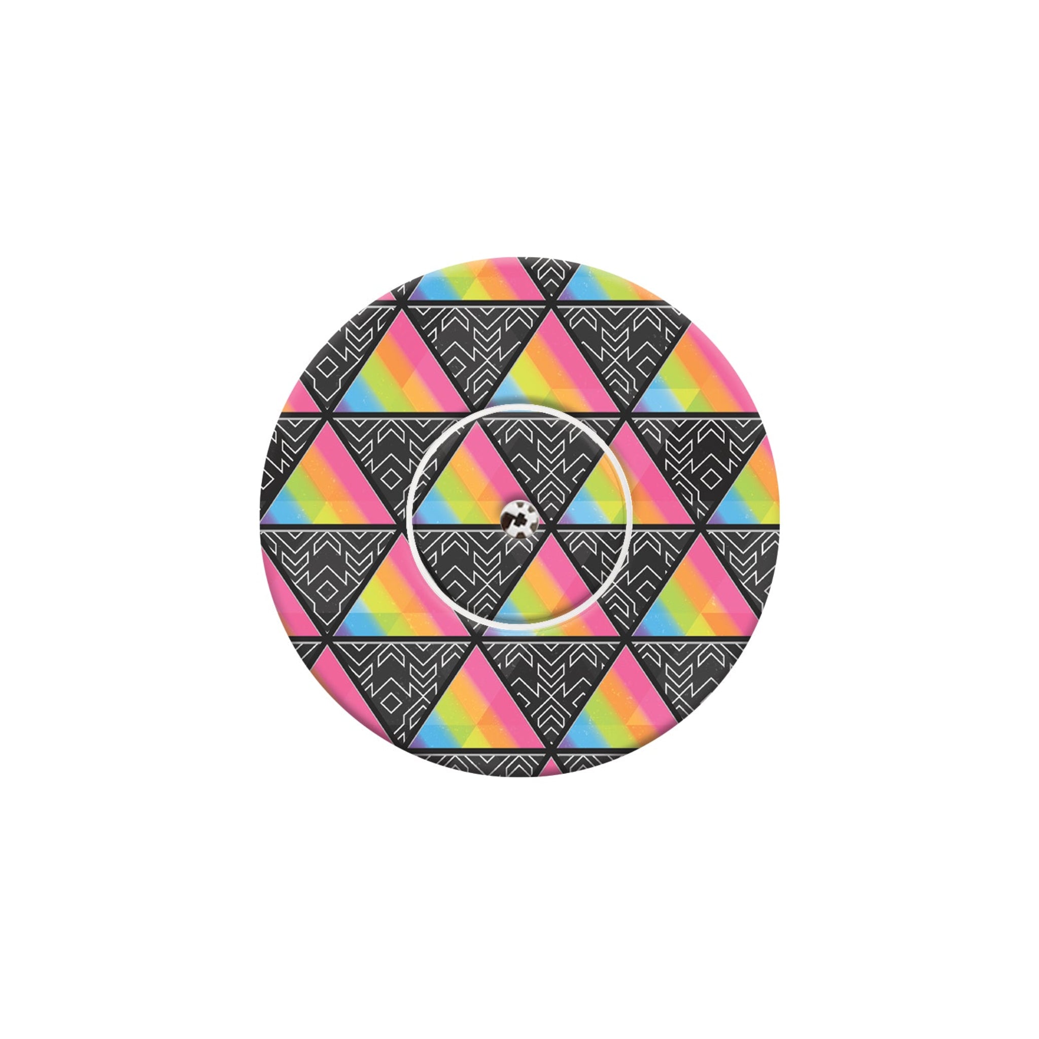 Round coaster with a colorful triangle pattern on a white background