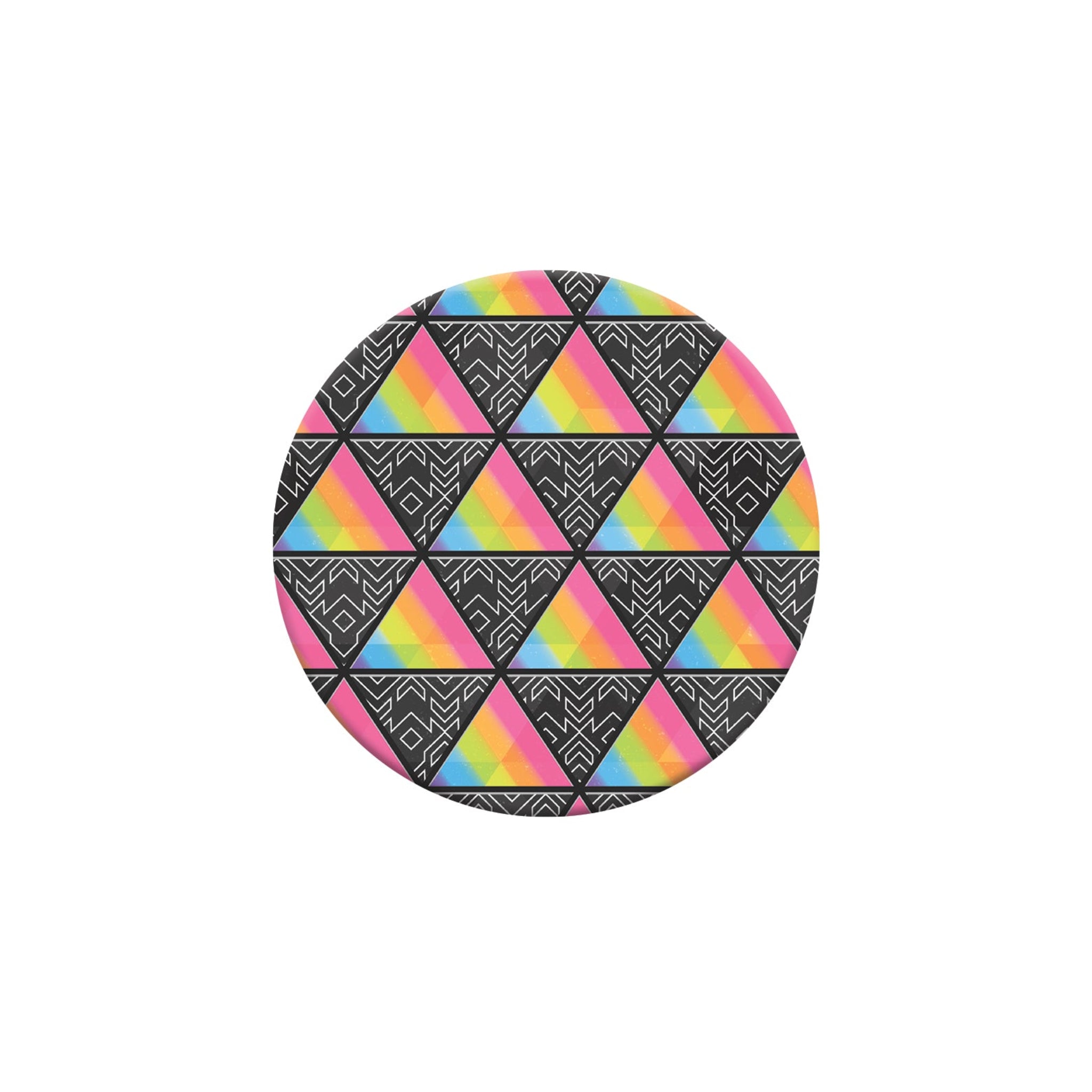 Round coaster with rainbow triangle pattern on a white background