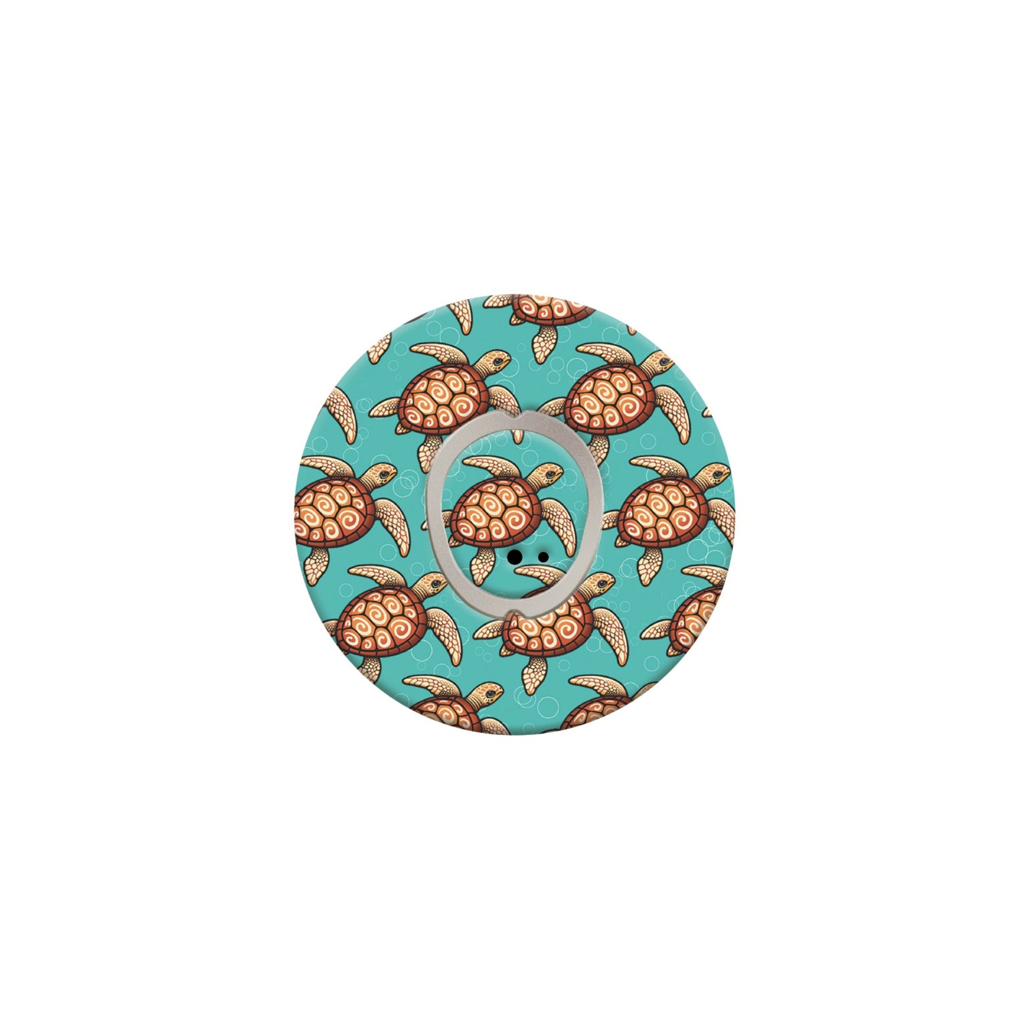 Circular product with turtle pattern on a turquoise background
