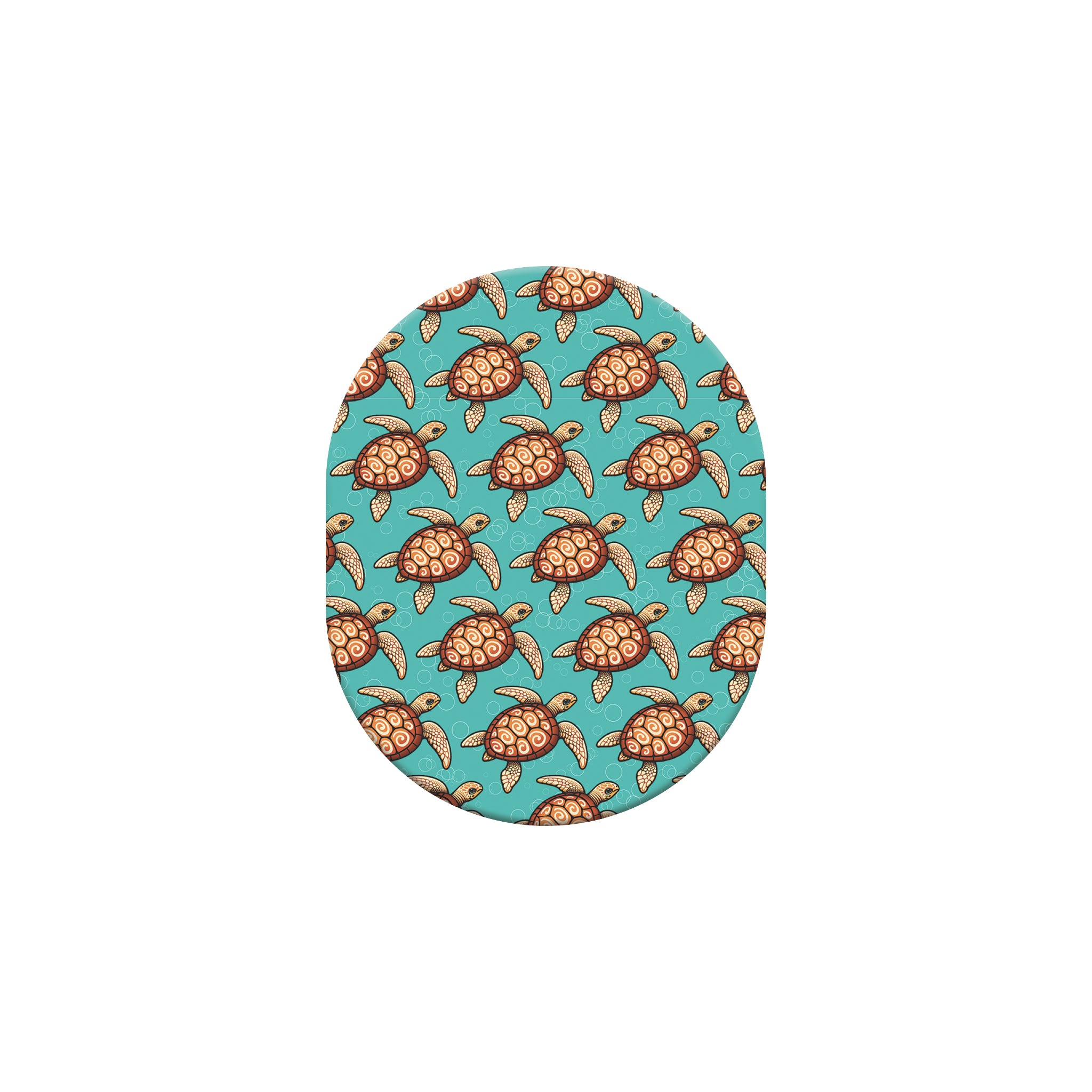 Round blue coaster with turtle pattern on a white background