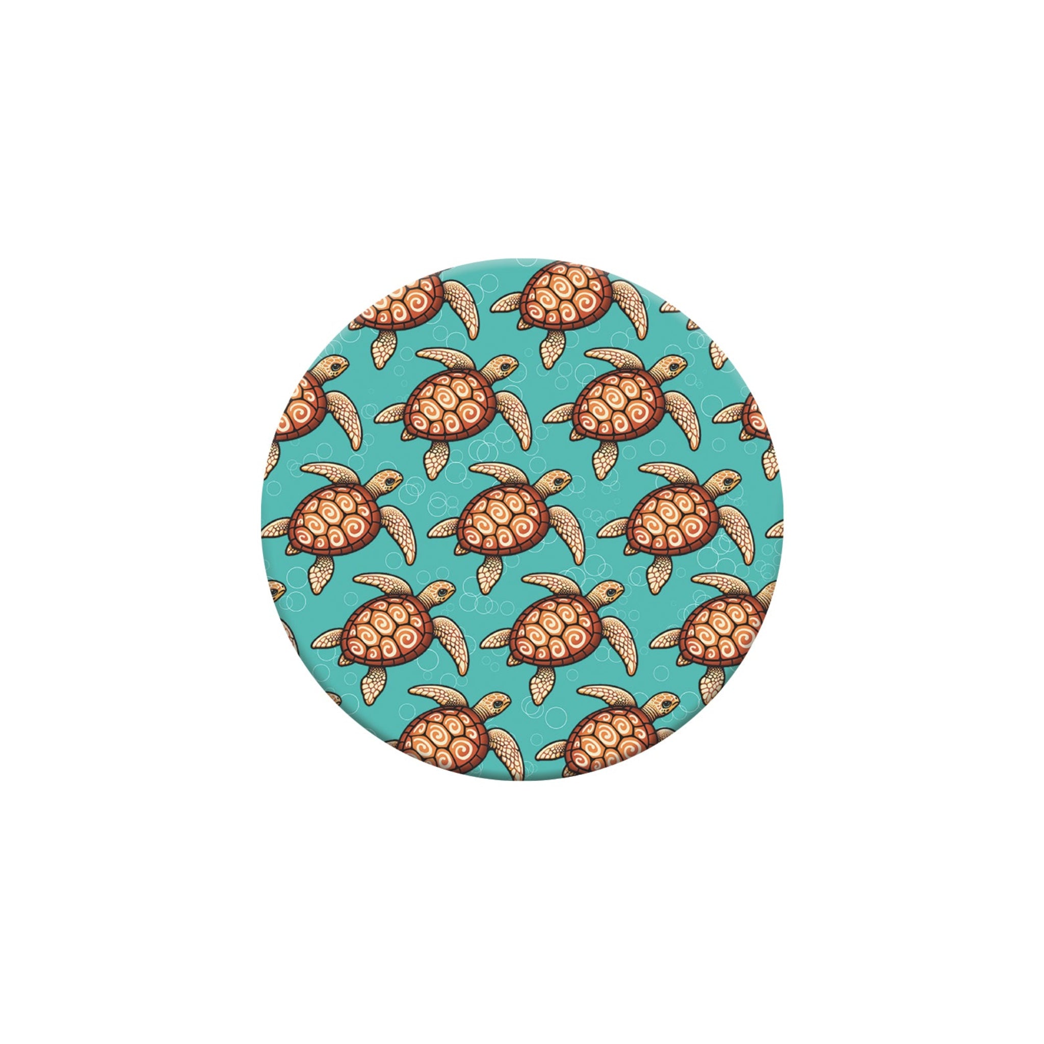 Round turquoise coaster with turtle pattern on a white background