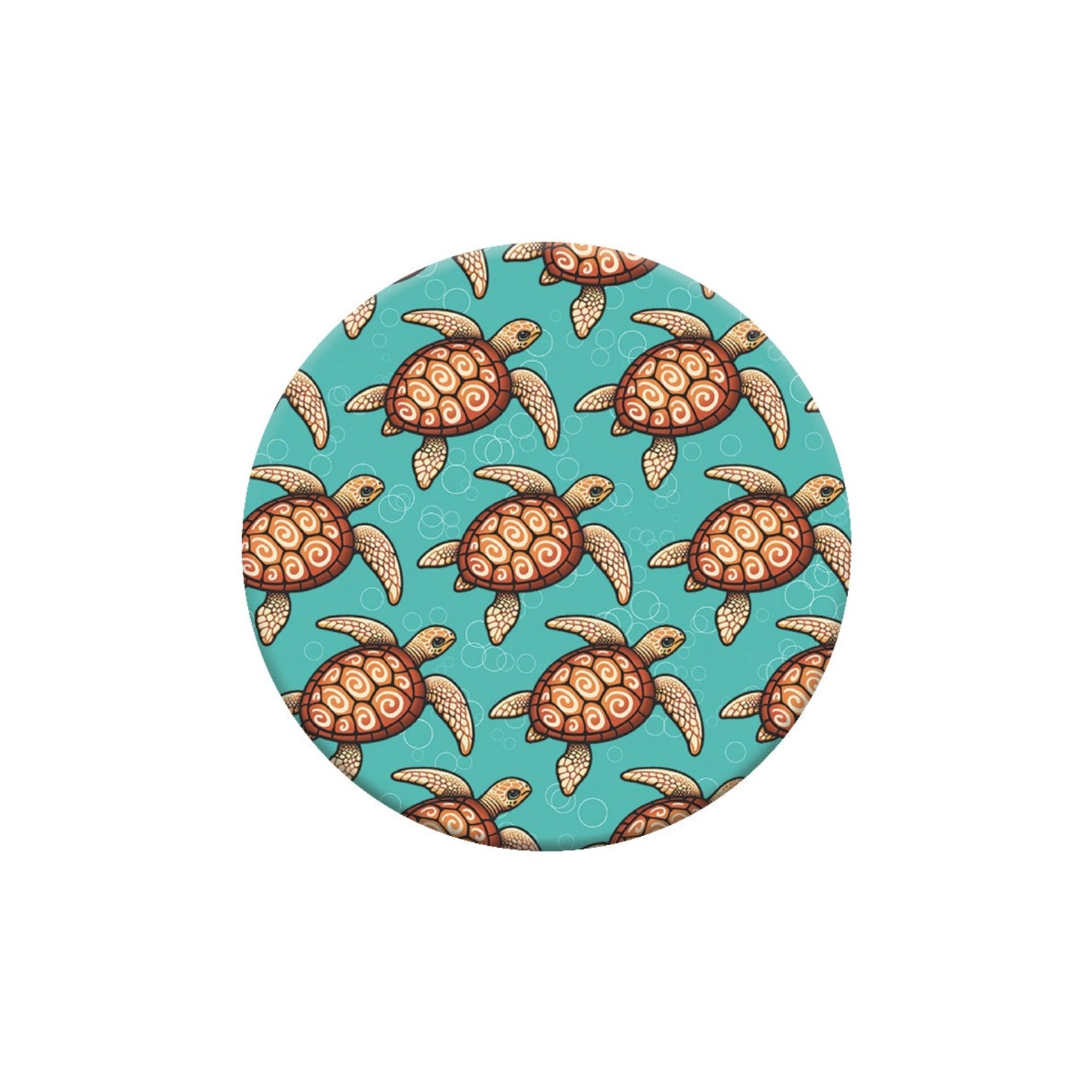 Round coaster with turtle pattern on a turquoise background