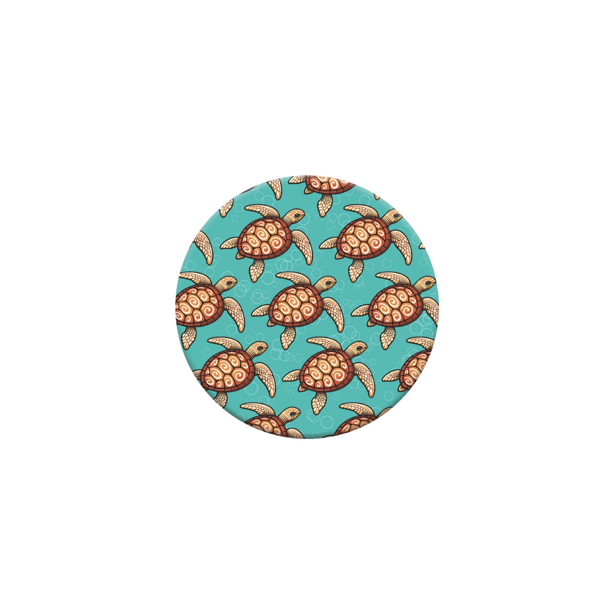 Round turquoise coaster with turtle pattern on a white background