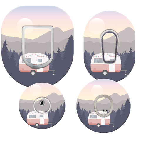 A pink camper and sunset landscape on a white background