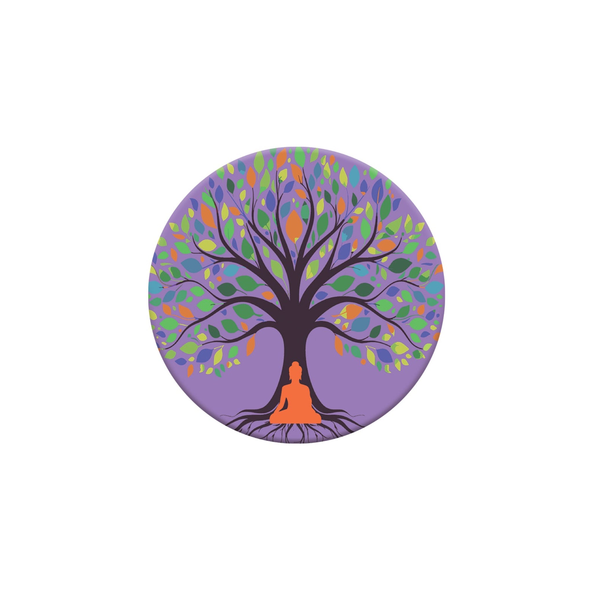 Circular logo with a tree of life and a person in meditation on a white background