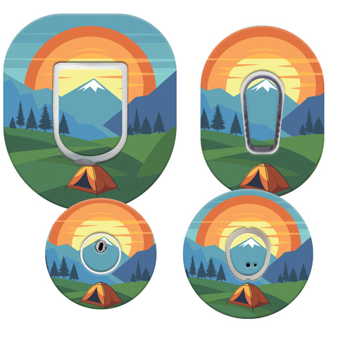 Four circular designs featuring a sunset over mountains with trees and a tent.