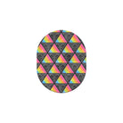Round object with a colorful triangle pattern on a black background