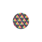 Round coaster with a colorful triangle pattern on a white background