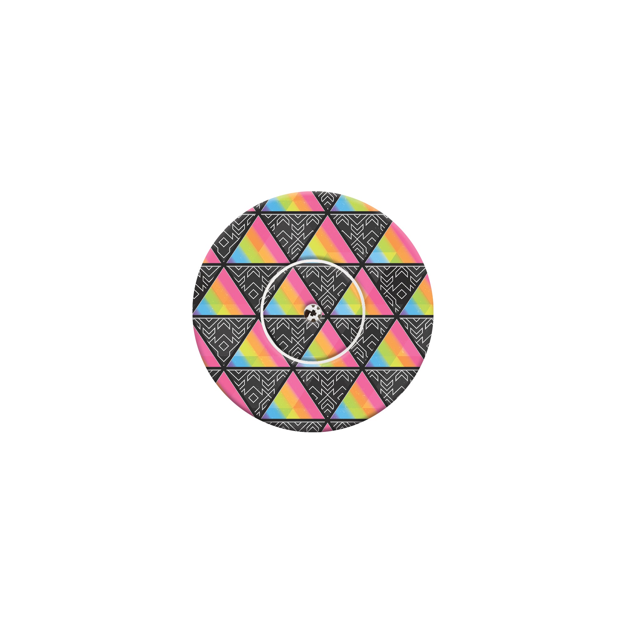 Round coaster with a colorful triangle pattern on a white background