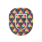 Circular object with a geometric pattern of triangles in pink, blue, and green on a black background.
