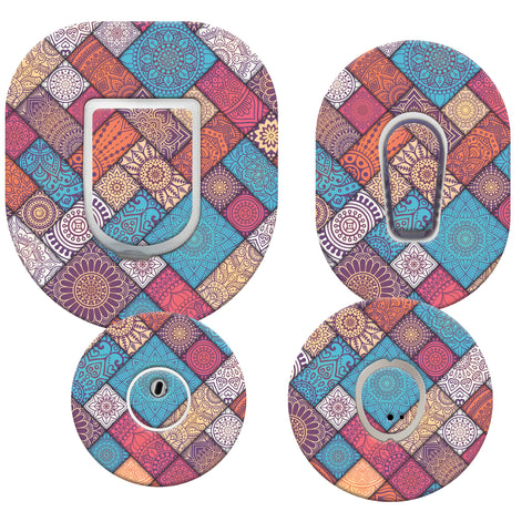 Multicolor mandala pattern patch with ring attachment.
