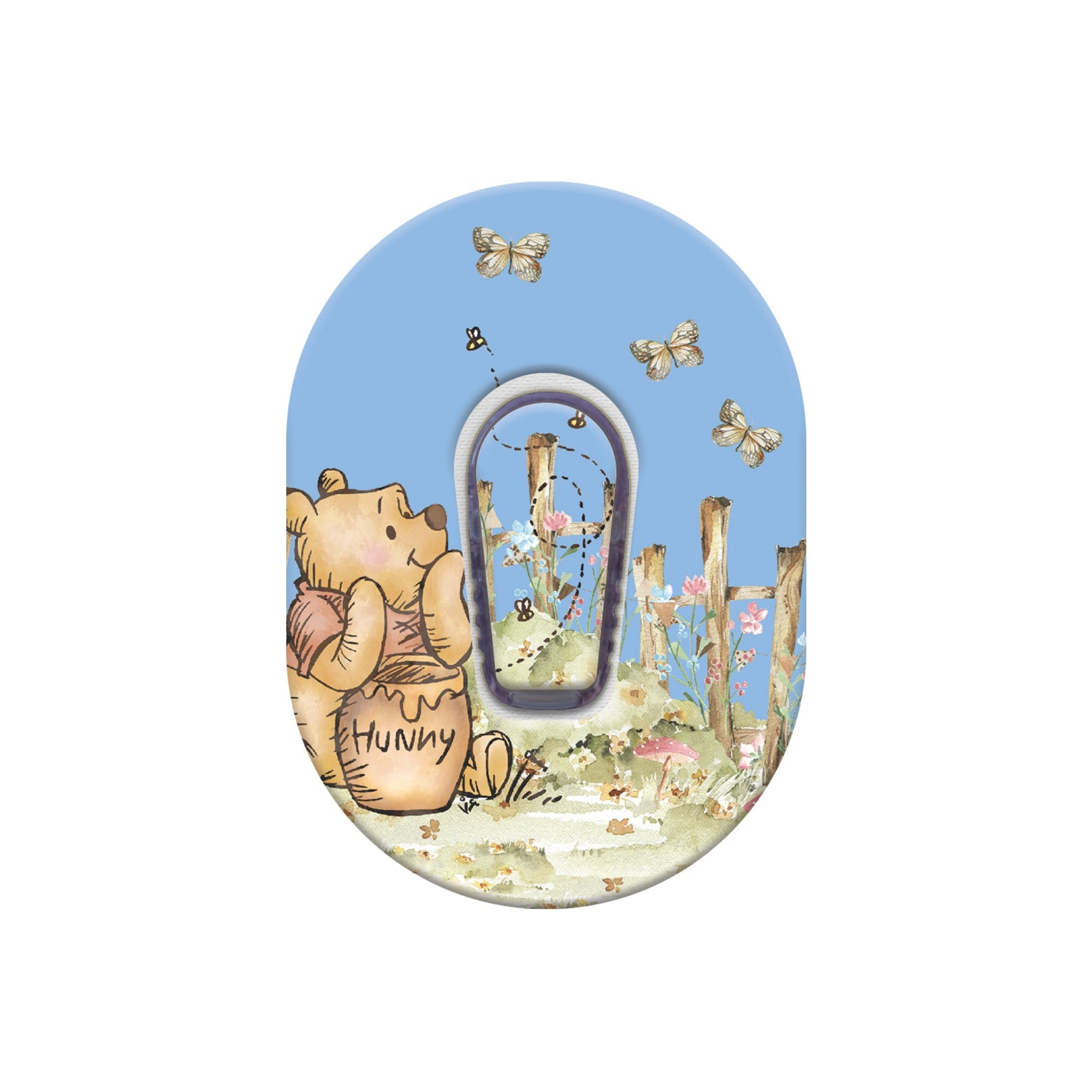 Letter 'O' with a cartoon bear holding a honey pot and flowers on a white background