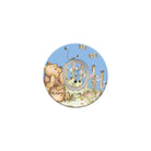 Circular design with cartoon characters and text on a white background