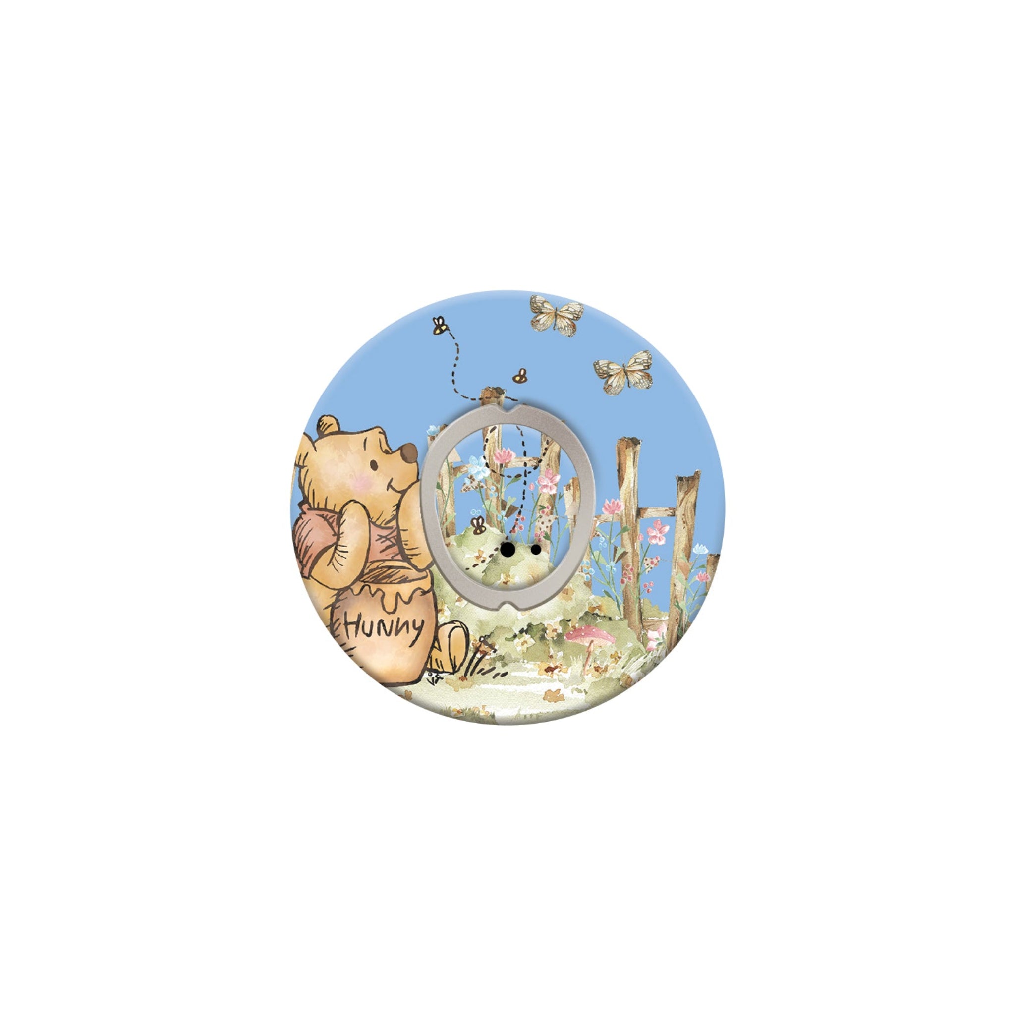 Circular design with cartoon characters and text on a white background