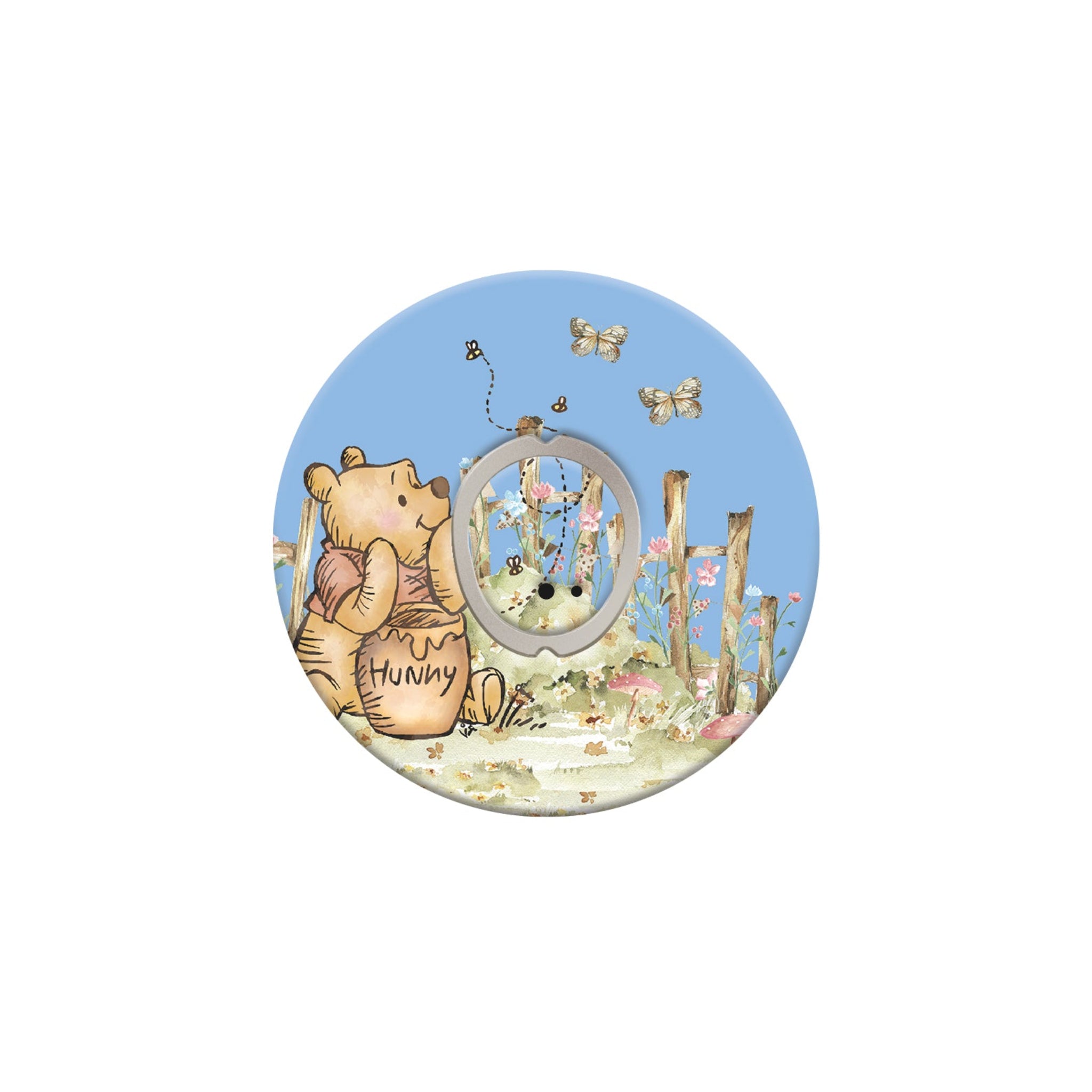 Circular design with a bear holding a honey pot and flowers on a white background - Winnie The Pooh