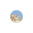 Circular design with a bear holding a honey pot and flowers on a blue background