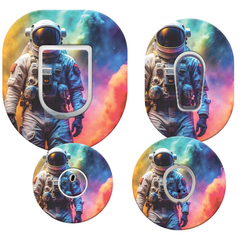 Four circular coasters with an astronaut design on a colorful space-themed background.