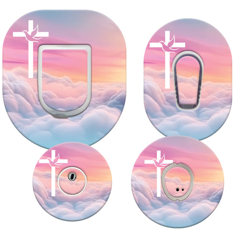 Set of four patches with cloud and cross design on a white background
