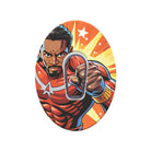 Superhero character with a star design on an oval-shaped patch