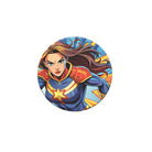 Circular sticker with a superhero character on a white background