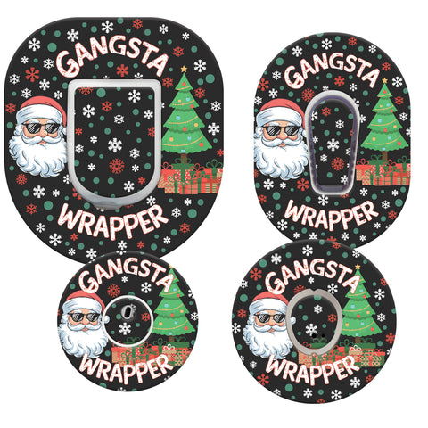 Four circular stickers with a Santa Claus design and 'Gangsta Wrapper' text on a white background.