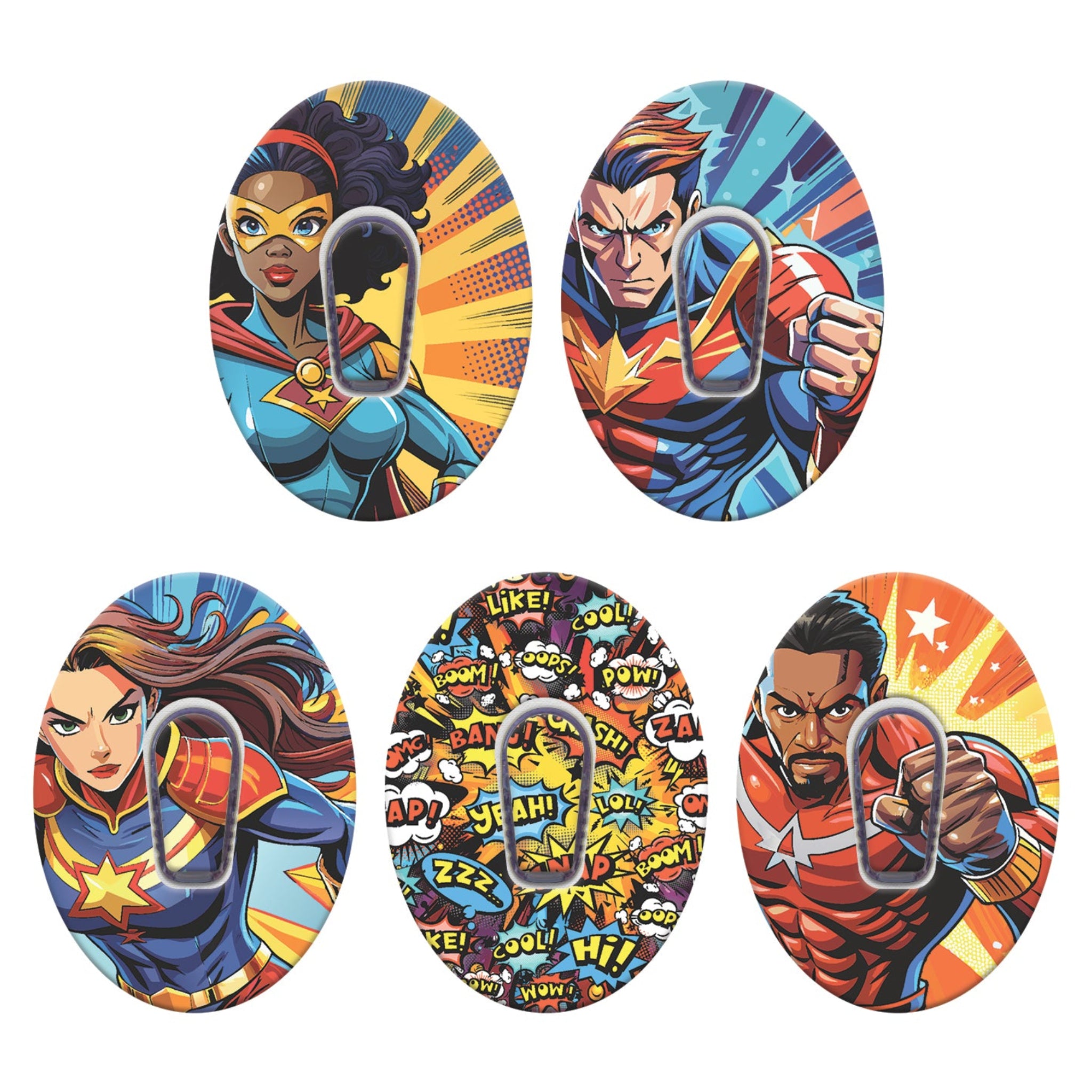 Set of five colorful superhero-themed patches on a white background
