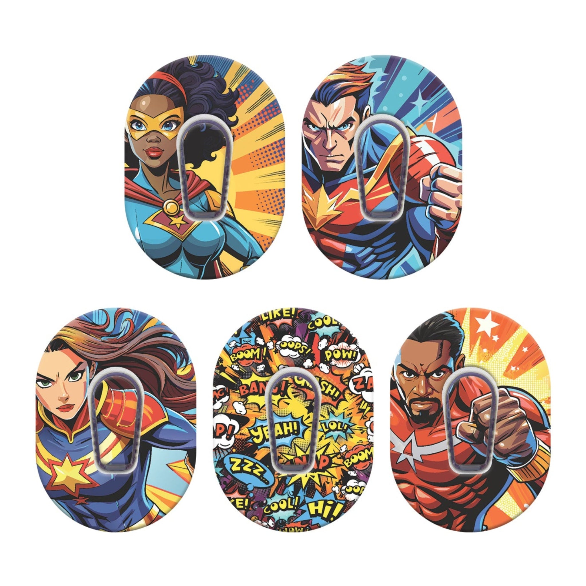 Set of five colorful superhero-themed patches on a white background