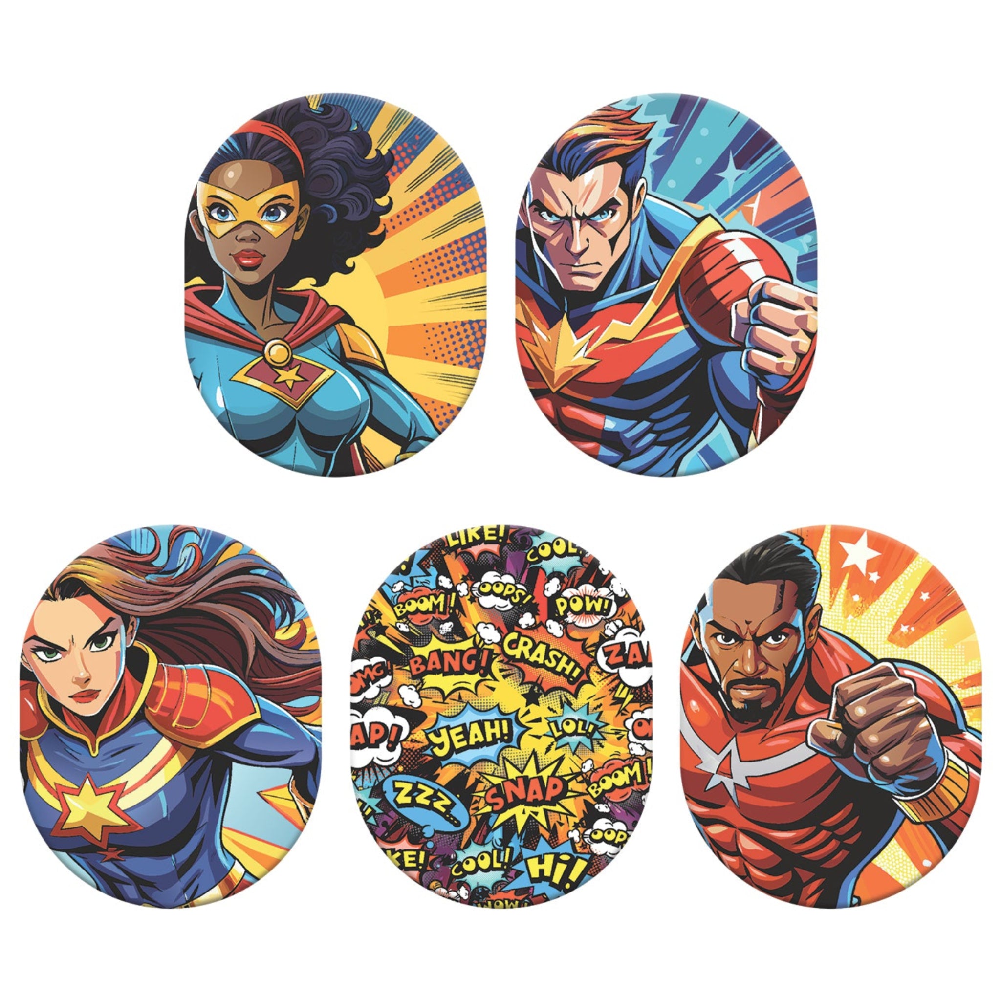 Set of five colorful superhero-themed stickers on a white background