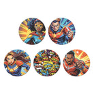 Set of five superhero-themed patches placed on a white background