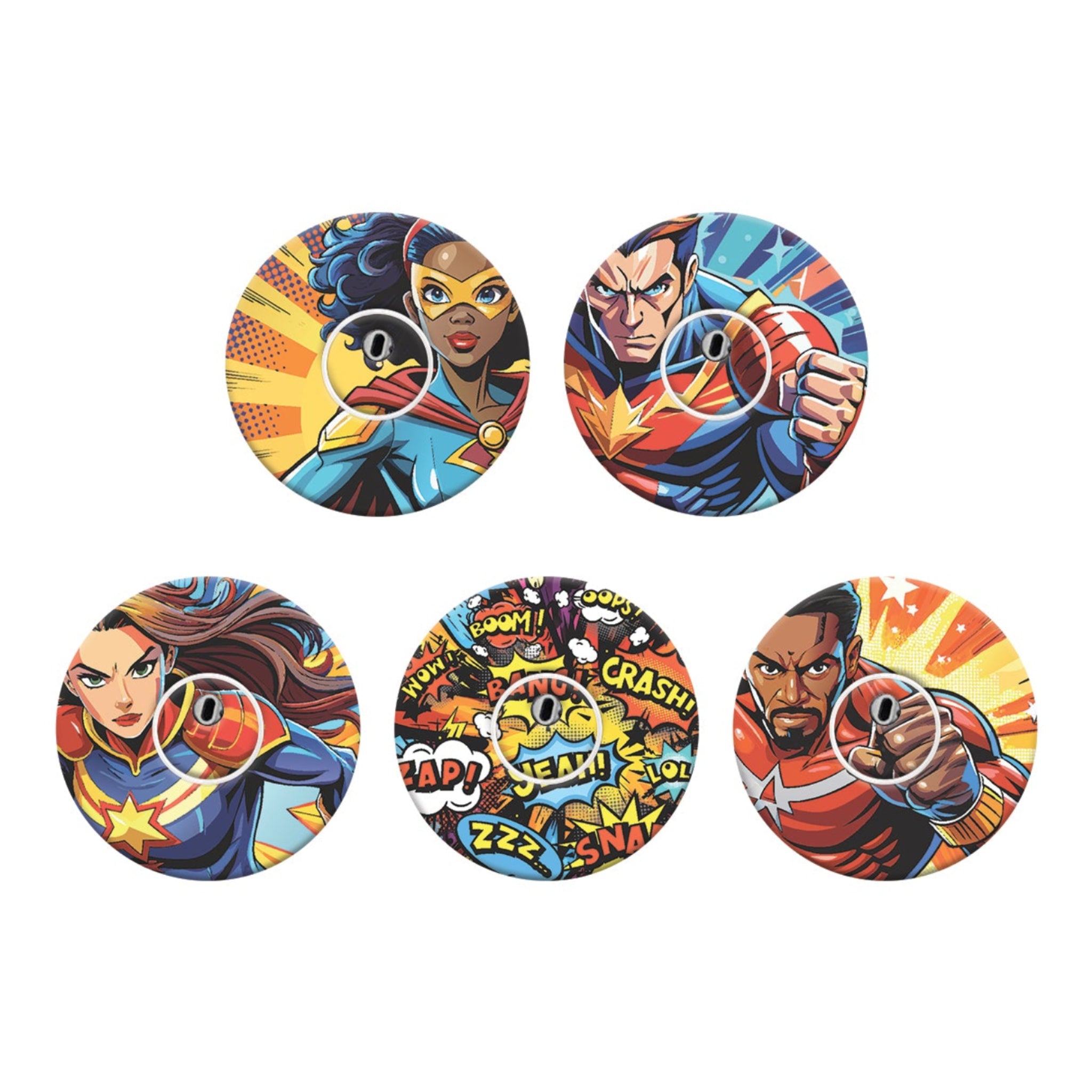 Set of five colorful superhero-themed patches on a white background