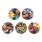 Set of five colorful superhero-themed patches on a white background