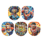 Set of five colorful superhero-themed patches on a white background