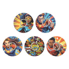 Set of five colorful superhero-themed patches on a white background