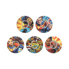 Set of five colorful superhero-themed patches on a white background