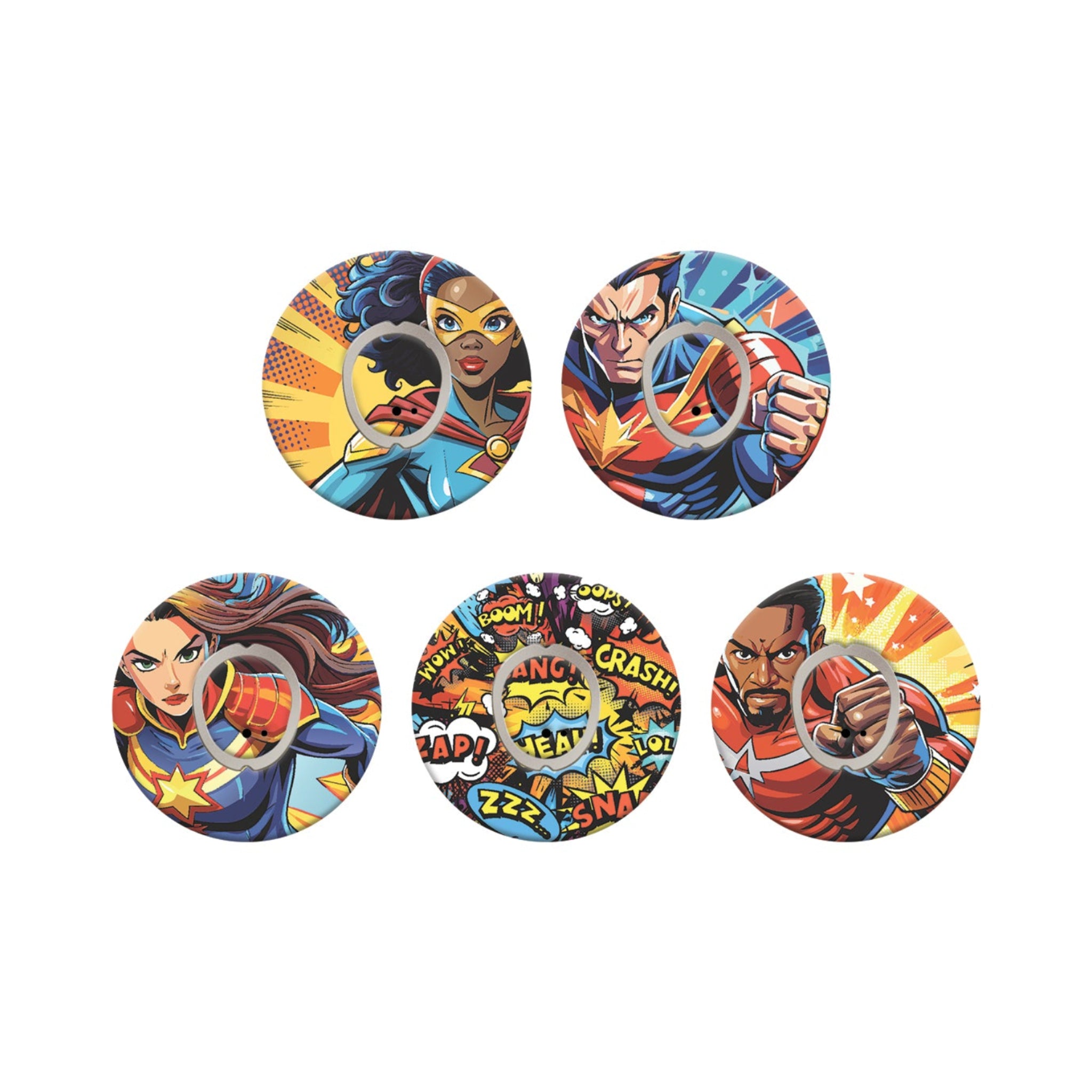 Set of five colorful superhero-themed patches on a white background