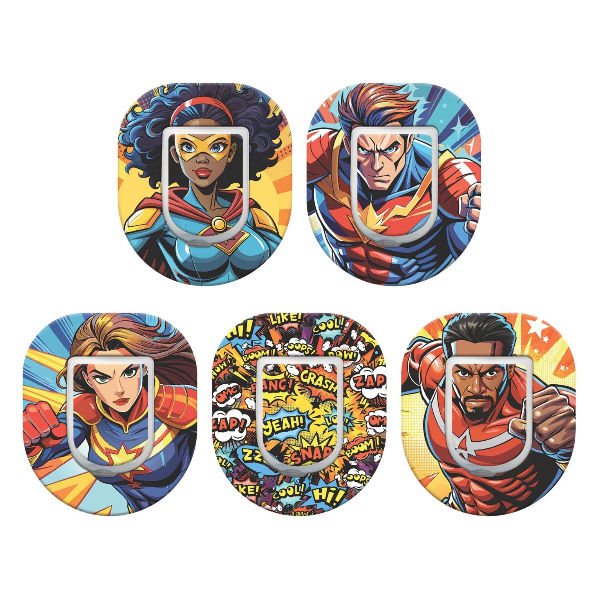 Set of five colorful superhero-themed patches on a white background