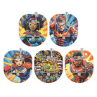 Set of five colorful superhero-themed patches on a white background